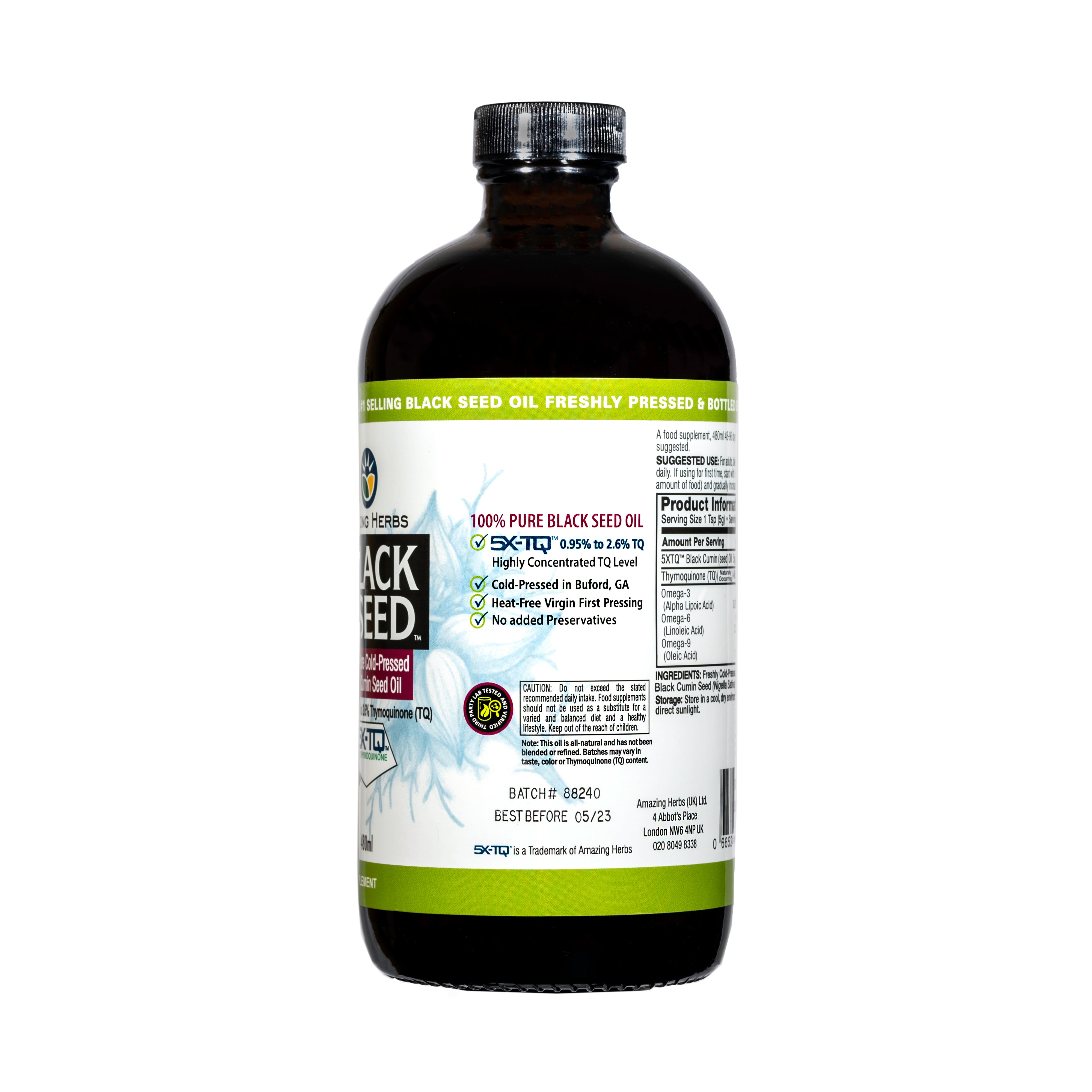 Amazing Herbs Premium 100% Pure Cold-Pressed Black Cumin Seed Oil, 480ml